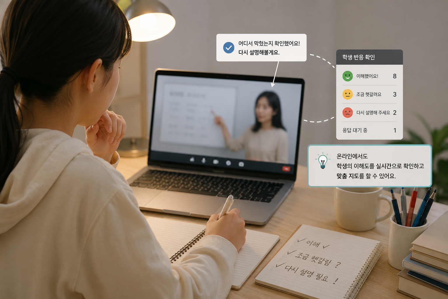 온라인 화상 수업 중 학생의 이해도를 실시간으로 확인하는 모습