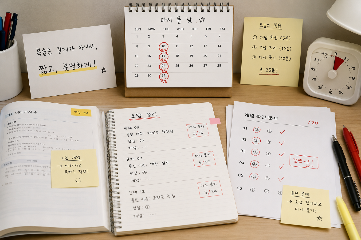 오답을 정리하고 짧은 복습 계획에 따라 문제를 다시 푸는 학습 모습