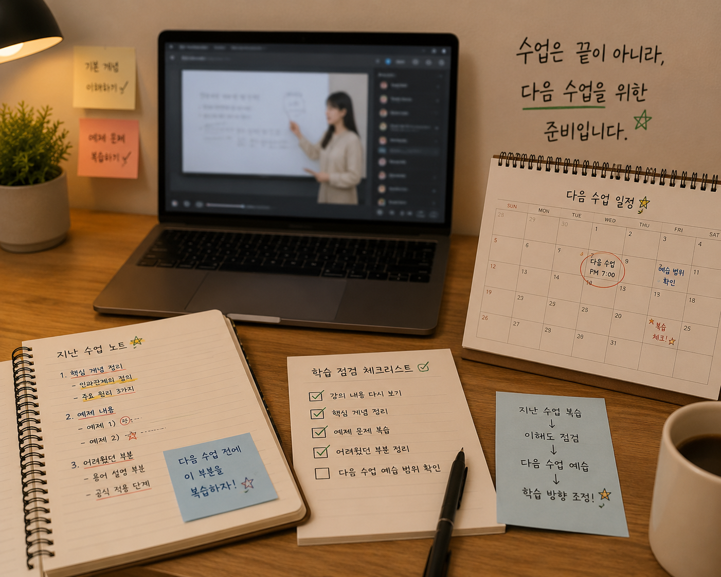 지난 수업을 복습하고 다음 수업 일정과 학습 계획을 점검하는 모습